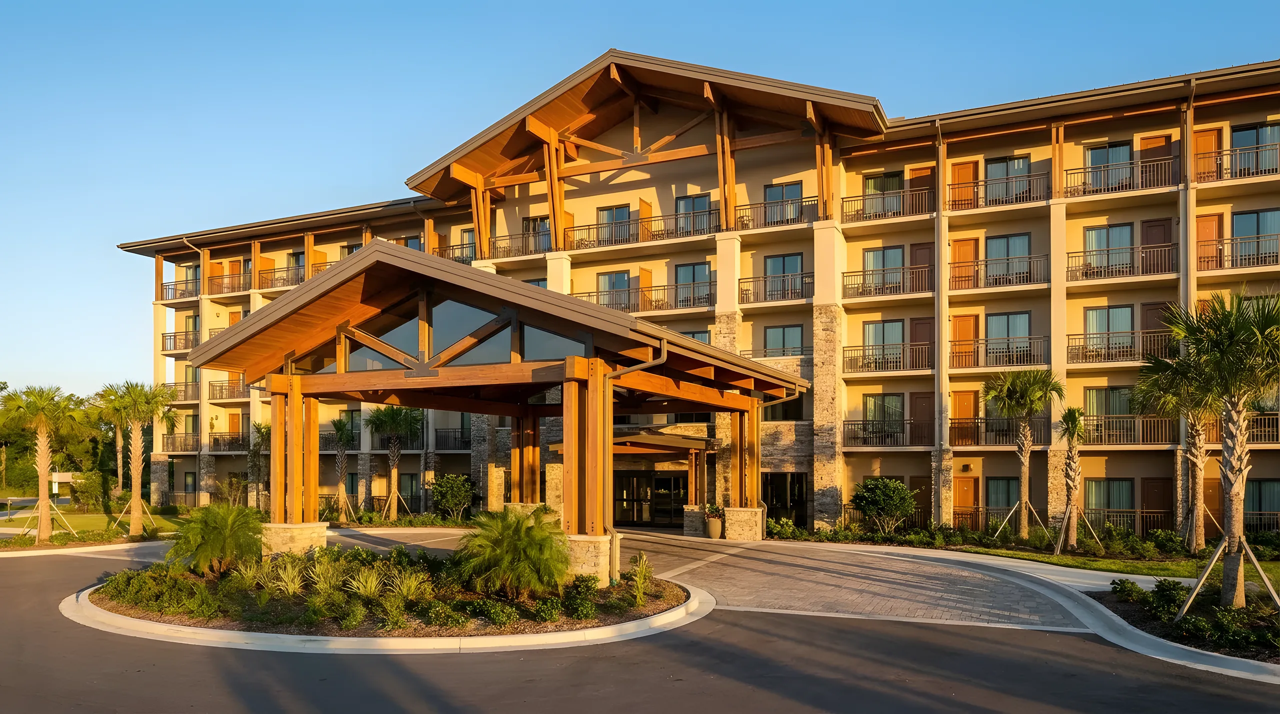 Multi-story hotel with a porte-cochere entrance