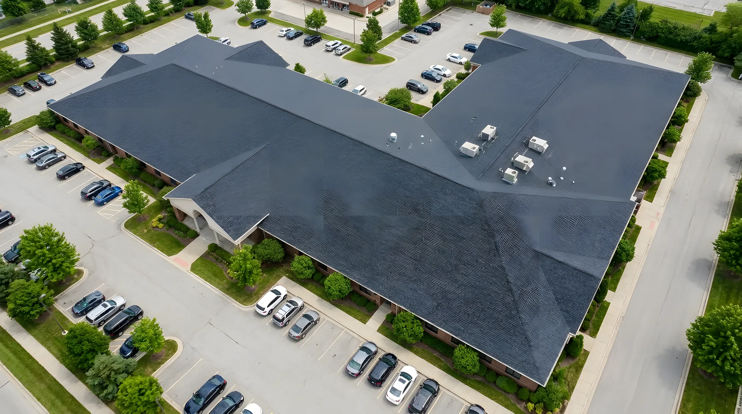 Aerial of a commercial building with a charcoal architectural shingle roof