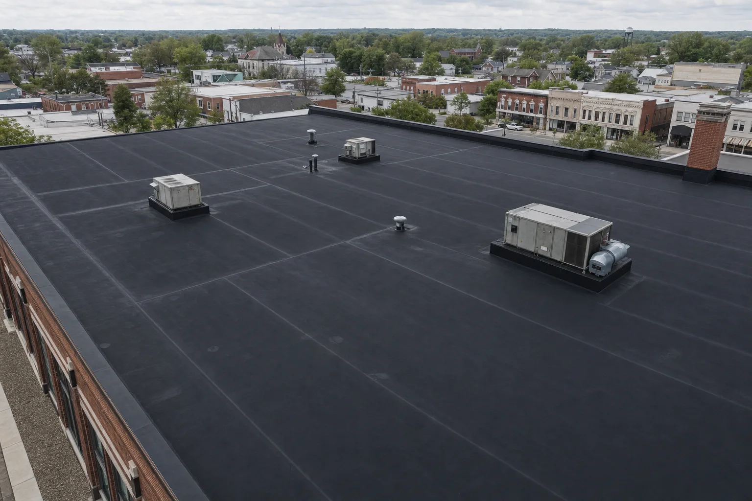 Aerial of a large flat commercial roof covered in black EPDM rubber membrane