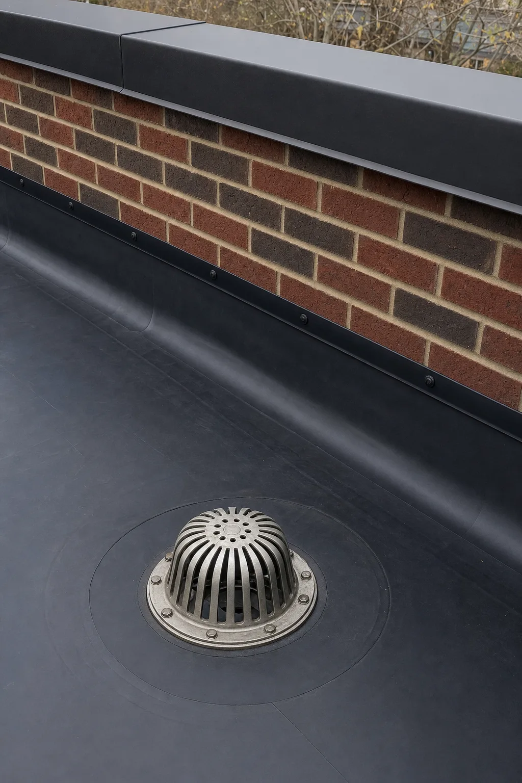 Roof drain and brick parapet flashing on a black EPDM flat roof
