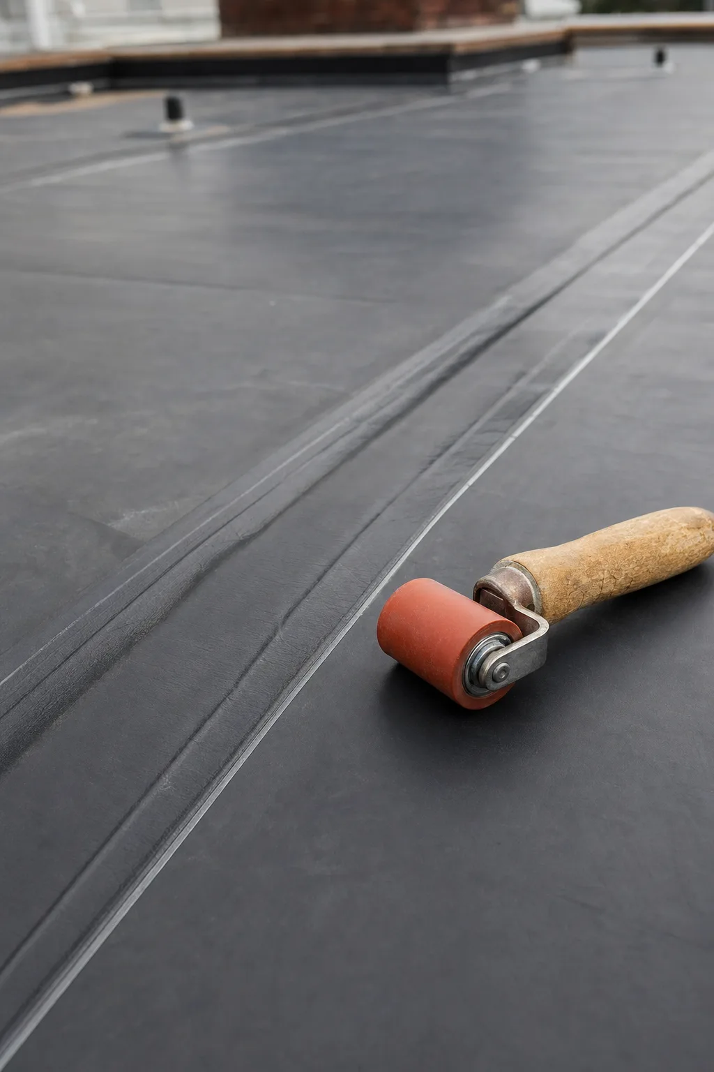 Seam roller resting beside a finished seam on black EPDM rubber membrane