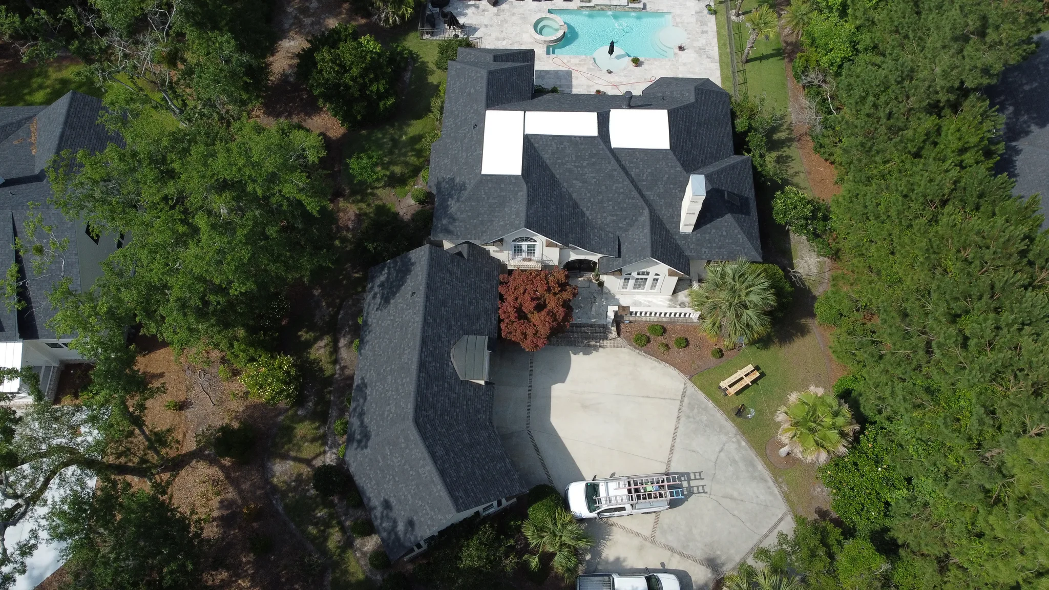 Aerial of a large residential roof on a Midwestern estate