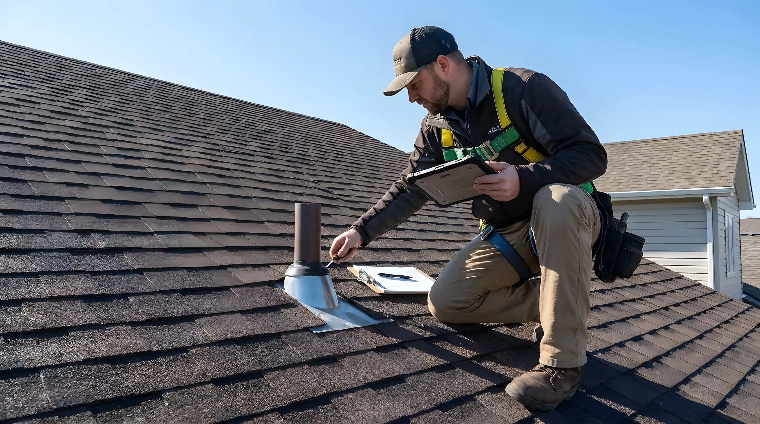 A technician inspecting vent flashing on a well-kept roof