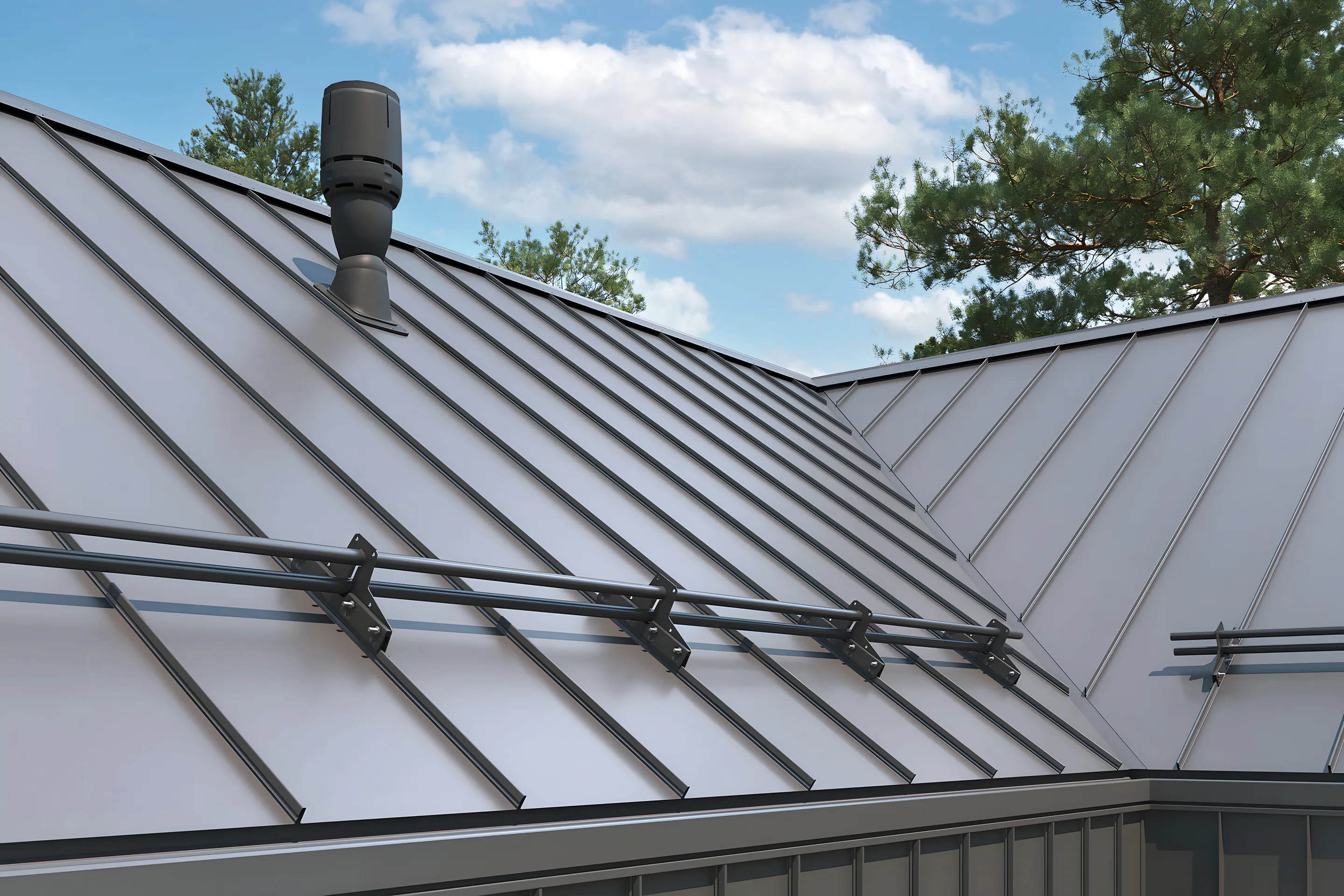 Snow rail mounted near the eave of a standing seam metal roof