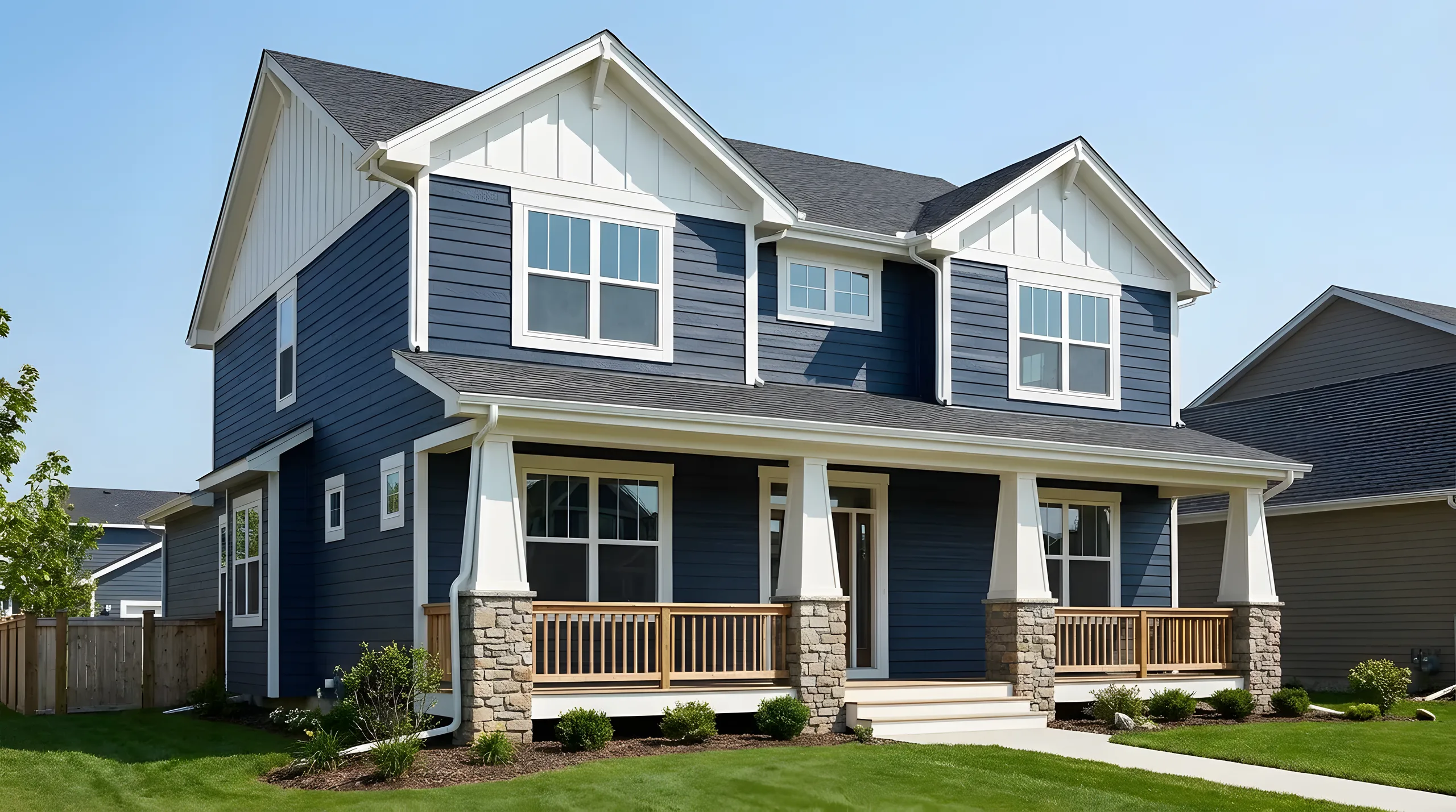 Home clad in navy fiber cement siding with white trim