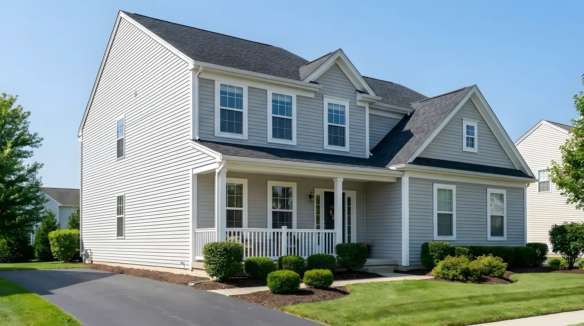 Home with light gray vinyl lap siding and white trim