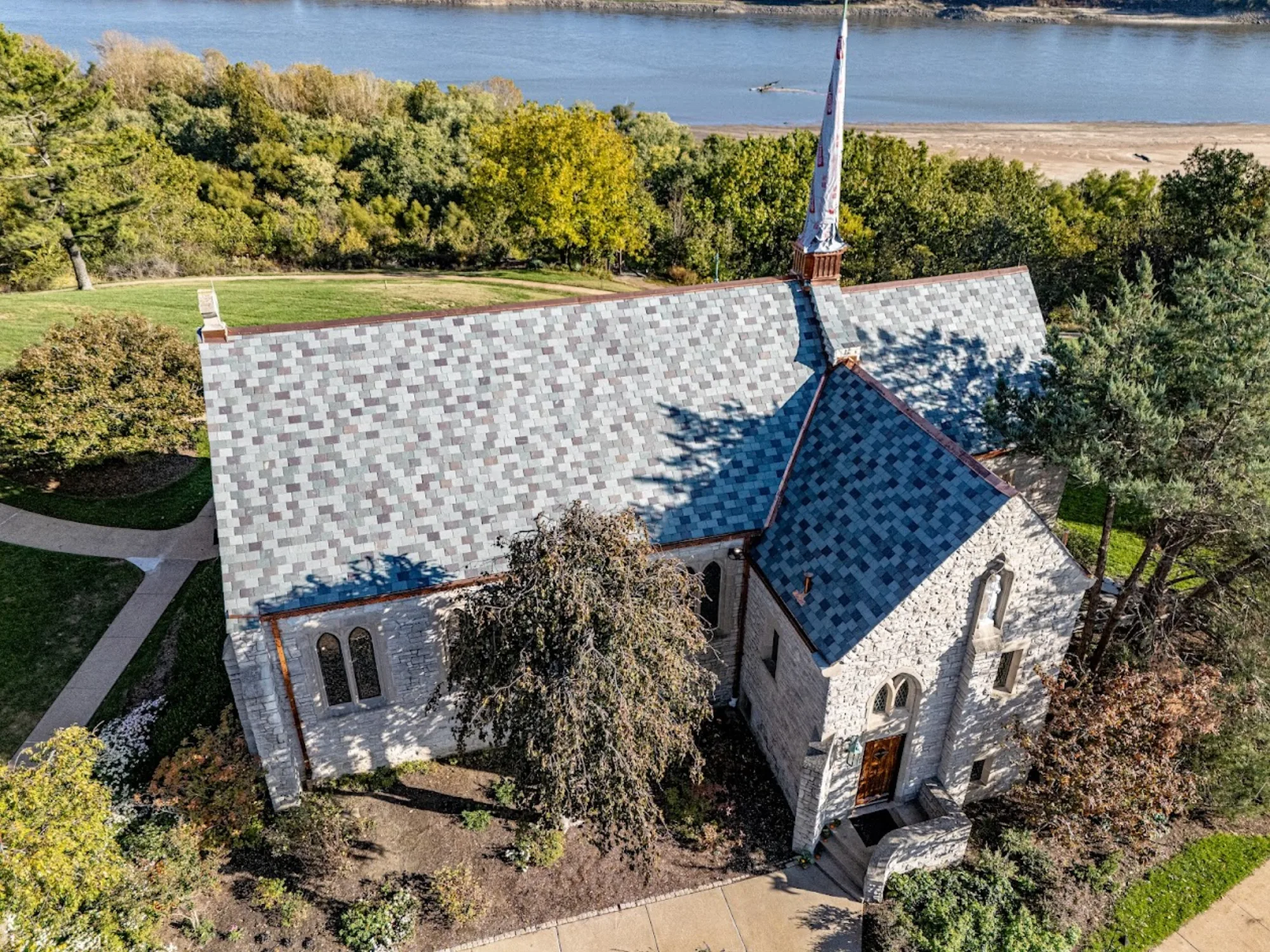Overhead view of a steep slate roof on a historic Midtown St. Louis building