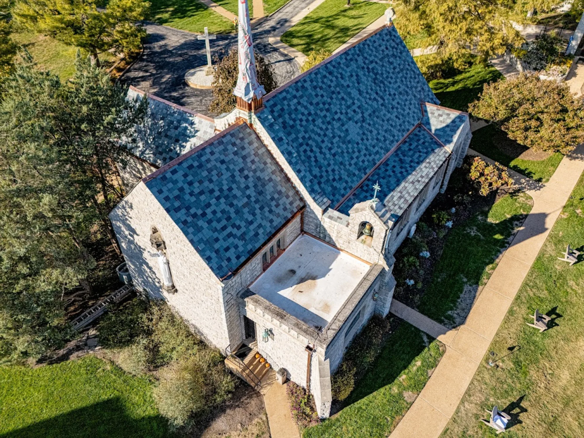 Aerial of a steep mansard slate roof on a historic Lafayette Square townhome