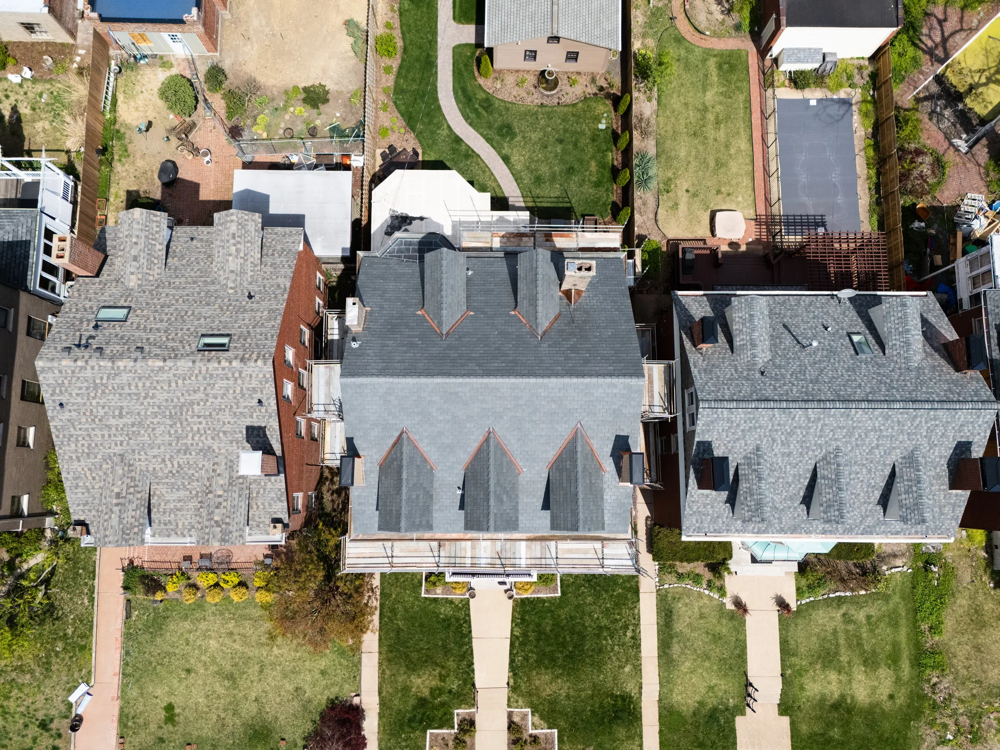 Overhead of a fresh gray slate roof and gabled dormers on a Central West End home