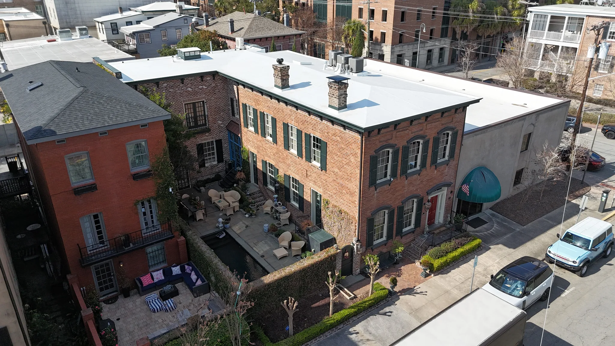 Aerial detail of a TPO flat roof with rooftop units
