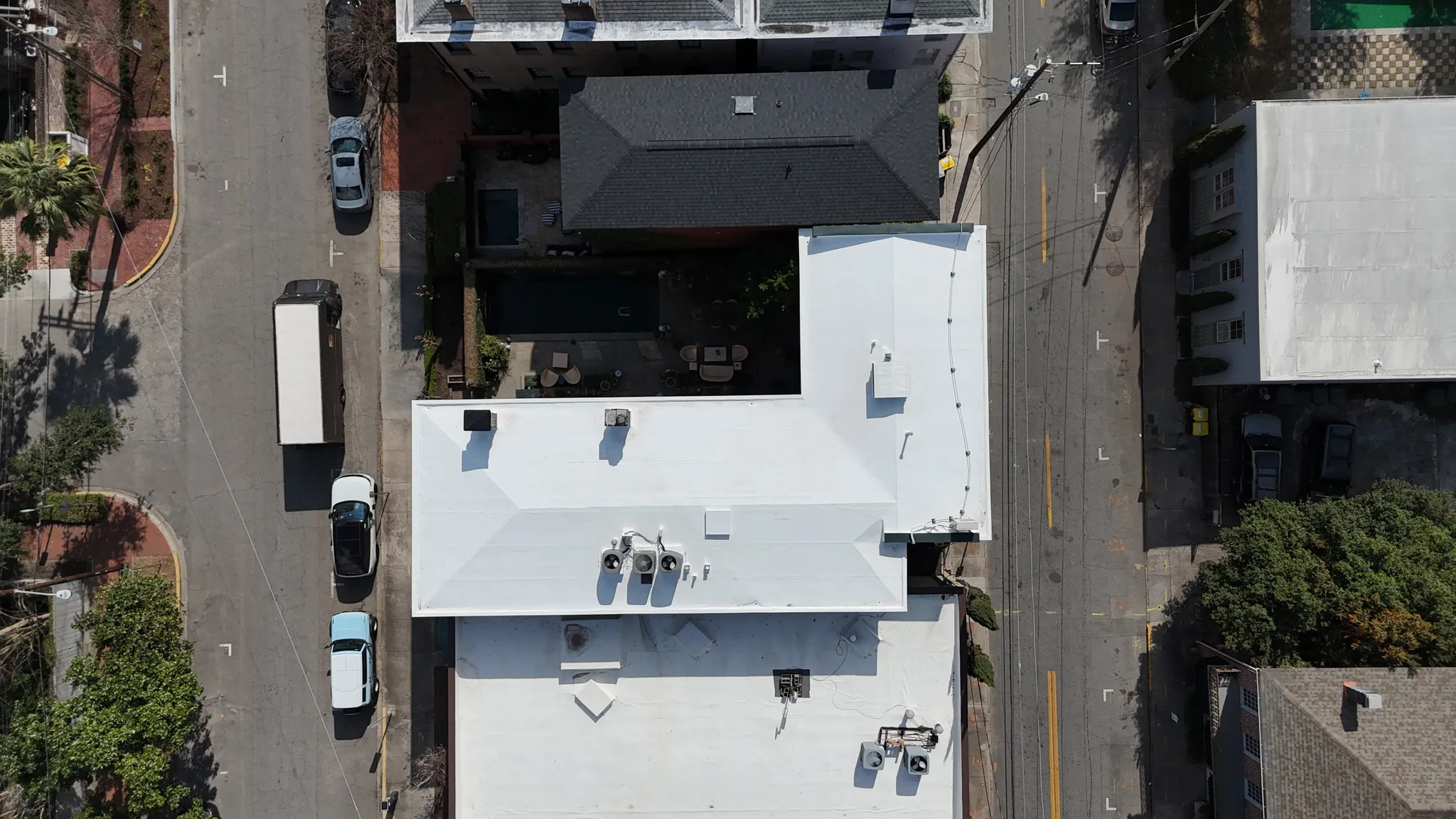 White TPO flat roof from above