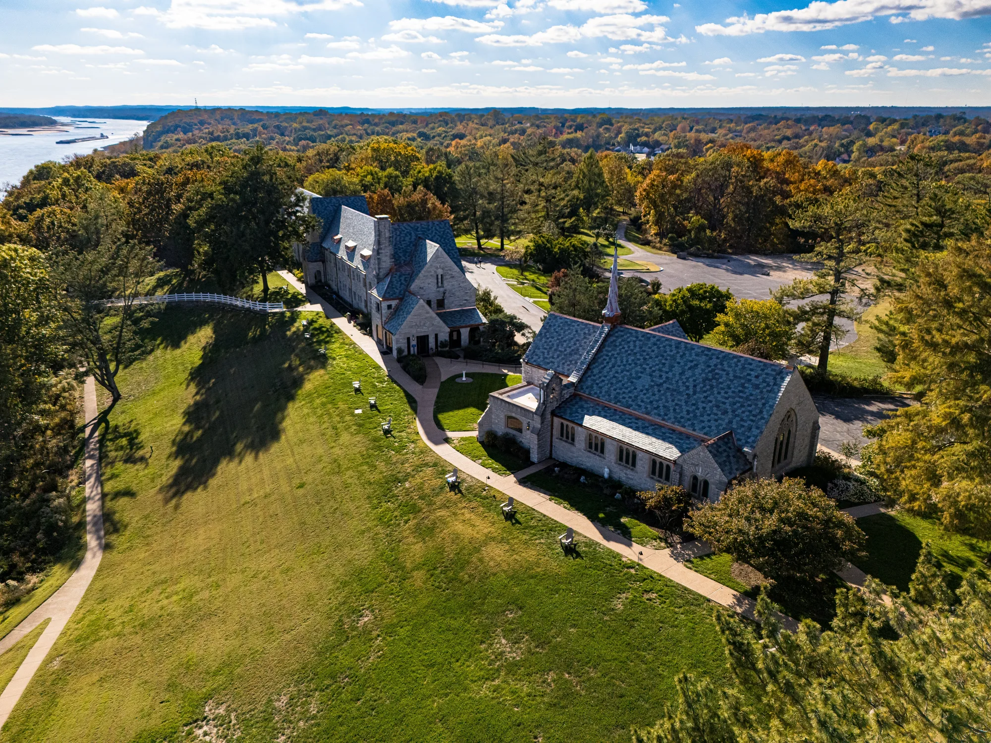 Overhead of the retreat campus with the Mississippi River beyond