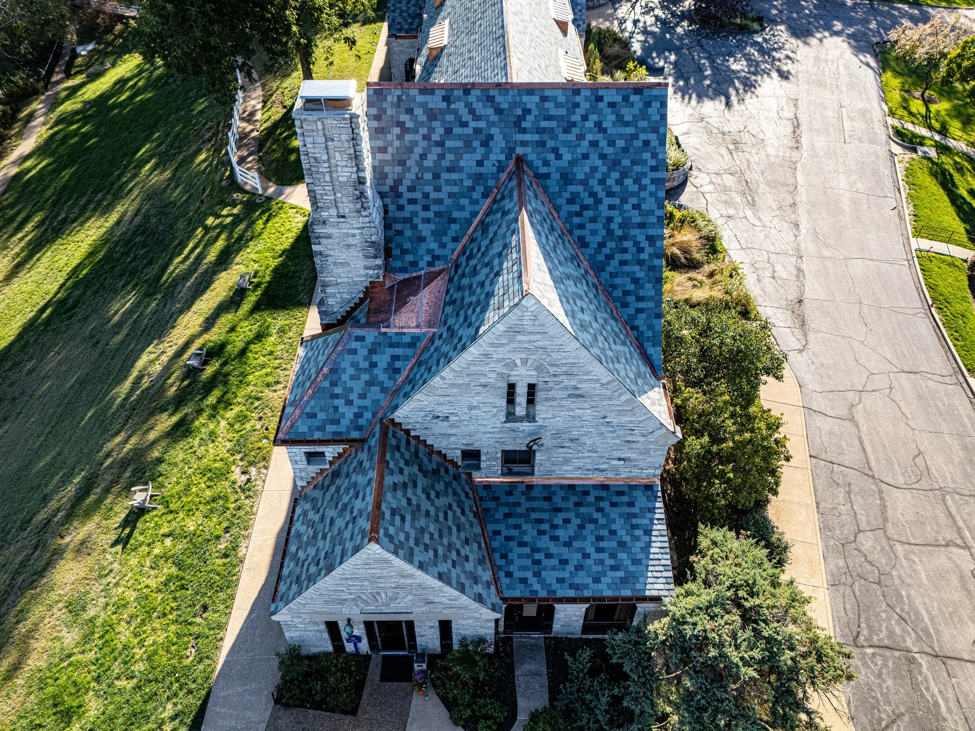 Overhead of the chapel's variegated slate field and ridge lines