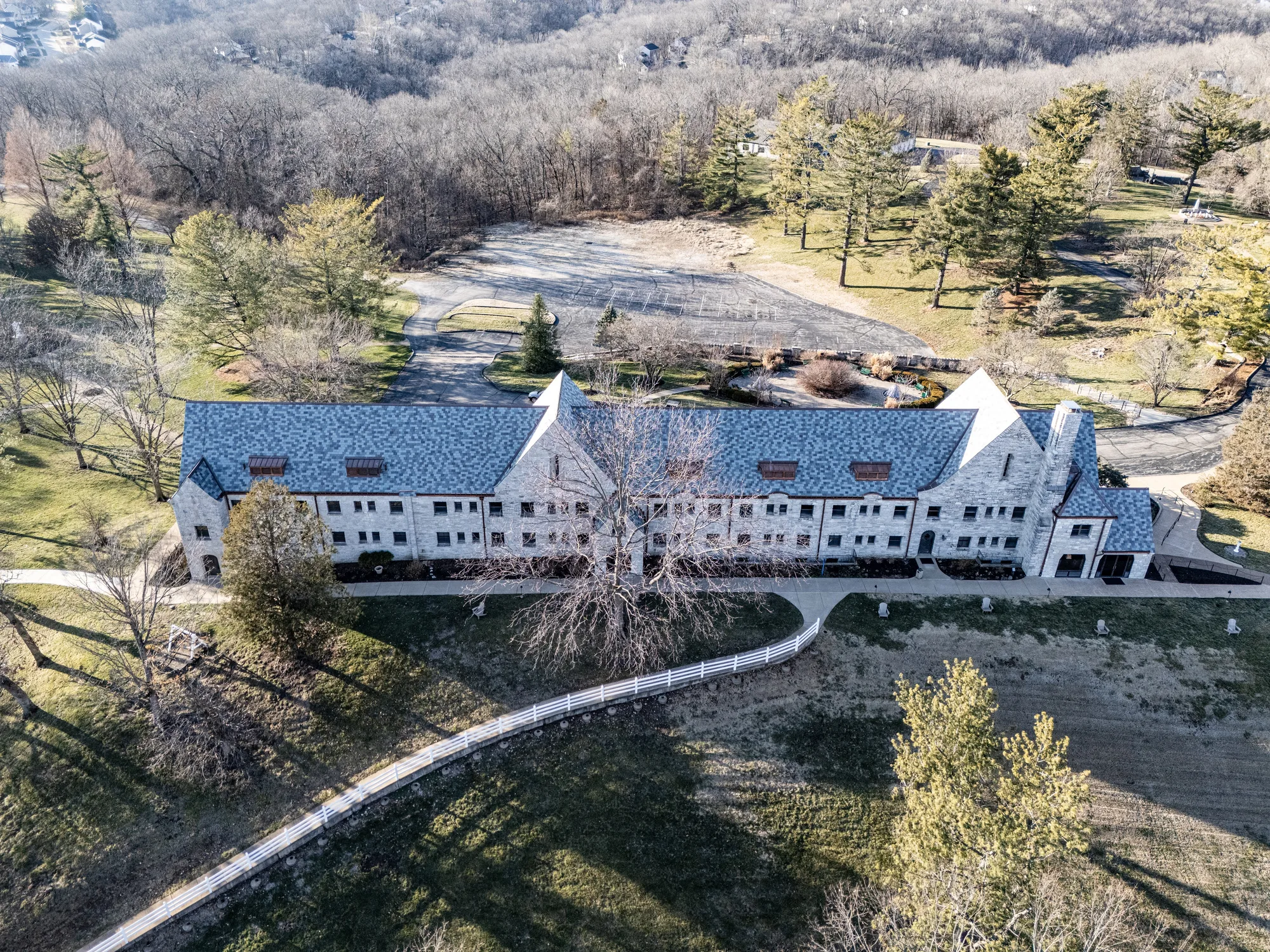 The main retreat house from the air in winter